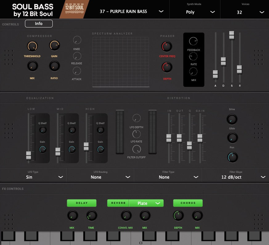 Soul Bass sound module interface showing controls for compression, equalization, distortion, and effects.