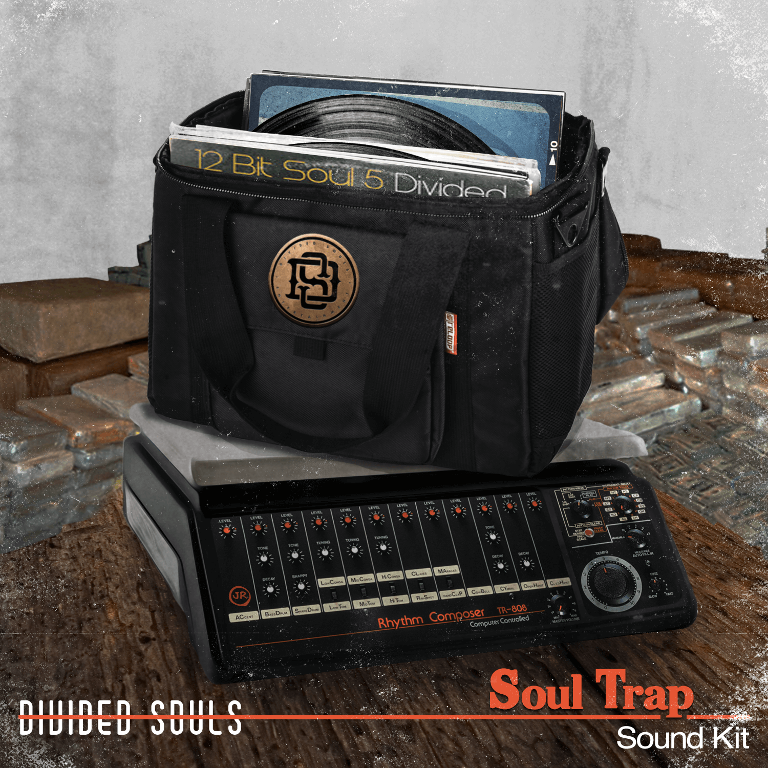 Soul Trap sound kit featuring a Rhythm Composer and vinyl, designed for Hip-Hop and R&B producers.